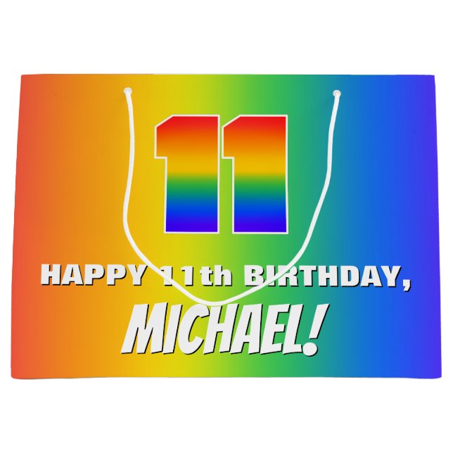 11th Birthday: Colourful, Fun Rainbow Pattern # 11 Large Gift Bag (Front)