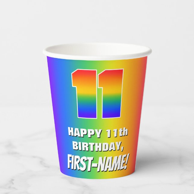 11th Birthday: Colourful, Fun Rainbow Pattern # 11 Paper Cups (Back)