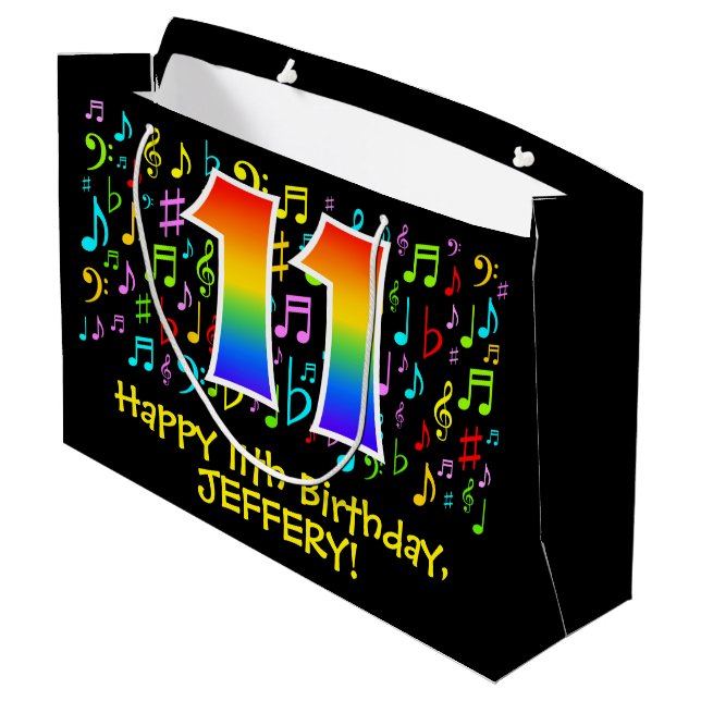 11th Birthday - Colourful Music Symbols, Rainbow 1 Large Gift Bag (Back Angled)