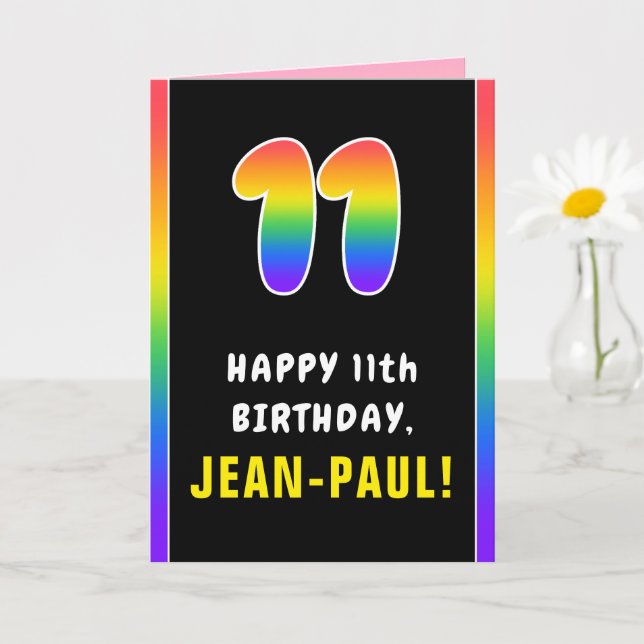 11th Birthday: Colourful Rainbow # 11, Custom Name Card (Small Plant)