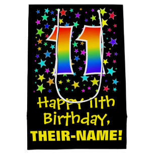 11th Birthday: Colourful Stars Pattern & Rainbow 1 Medium Gift Bag