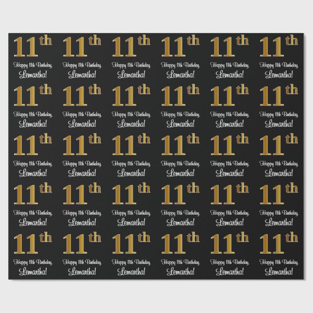 11th Birthday: Elegant Luxurious Faux Gold Look # Wrapping Paper (Flat)