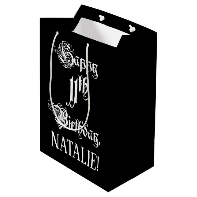 11th Birthday: Fancy, Elegant Script + Custom Name Medium Gift Bag (Back Angled)