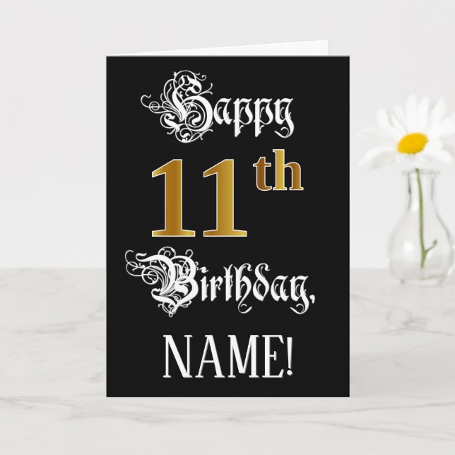 11th Birthday — Fancy Script; Faux Gold Look; Name Card (Small Plant)