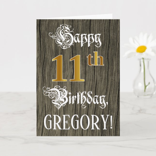 11th Birthday: Faux Gold Look + Faux Wood Pattern Card (Small Plant)