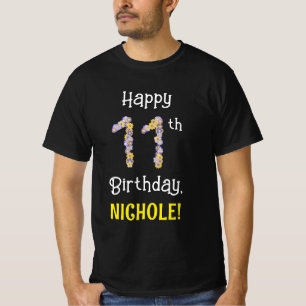 11th Birthday: Floral Flowers Number “11” + Name T-Shirt