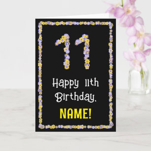 11th Birthday: Floral Flowers Number, Custom Name Card