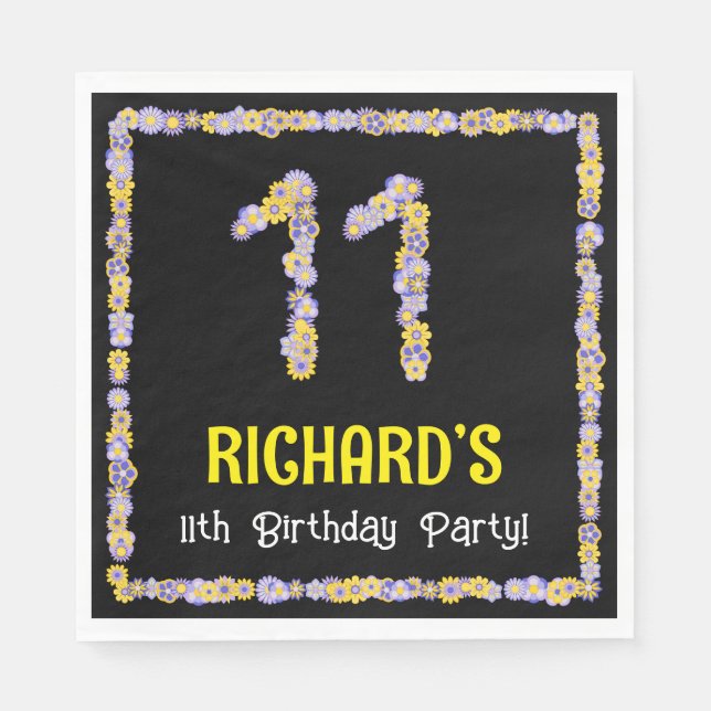 11th Birthday: Floral Flowers Number, Custom Name Napkin (Front)