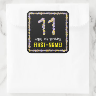 11th Birthday: Floral Flowers Number, Custom Name Square Sticker