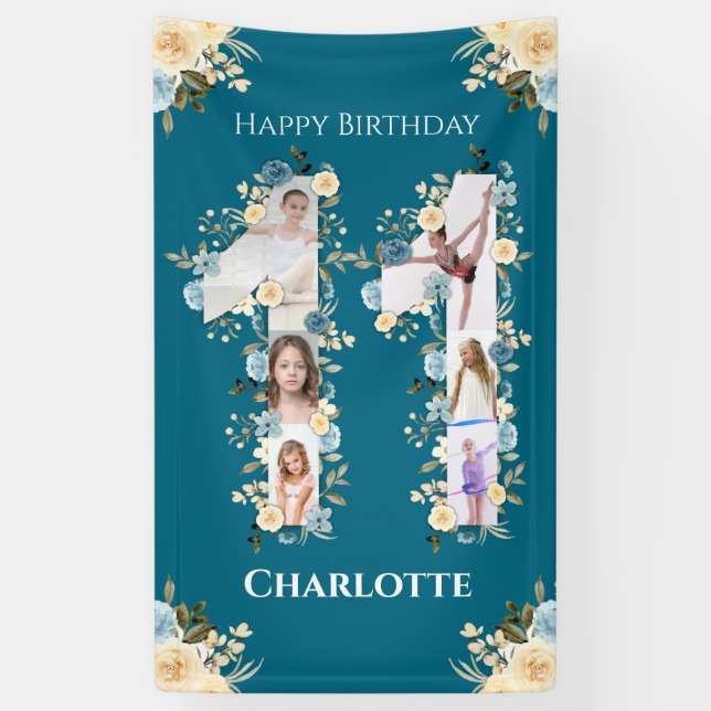 11th Birthday Flower Teal Photo Collage Yellow Banner (Vertical)
