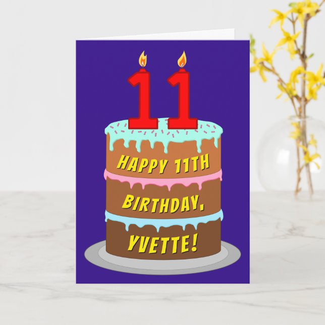 11th Birthday: Fun Cake and Candles + Custom Name Card (Yellow Flower)