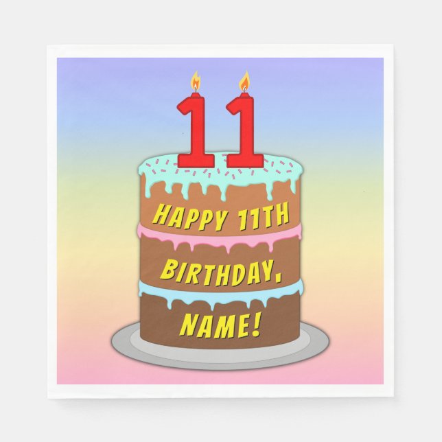 11th Birthday: Fun Cake and Candles + Custom Name Napkin (Front)