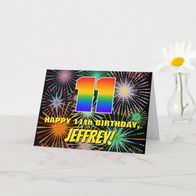 11th Birthday: Fun, Colourful Celebratory Firework Card (Small Plant)