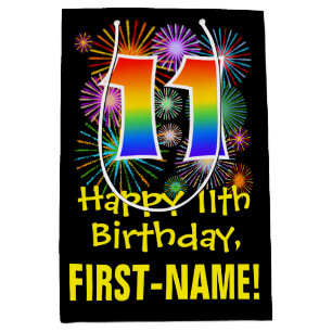 11th Birthday: Fun Fireworks Pattern + Rainbow 11 Medium Gift Bag