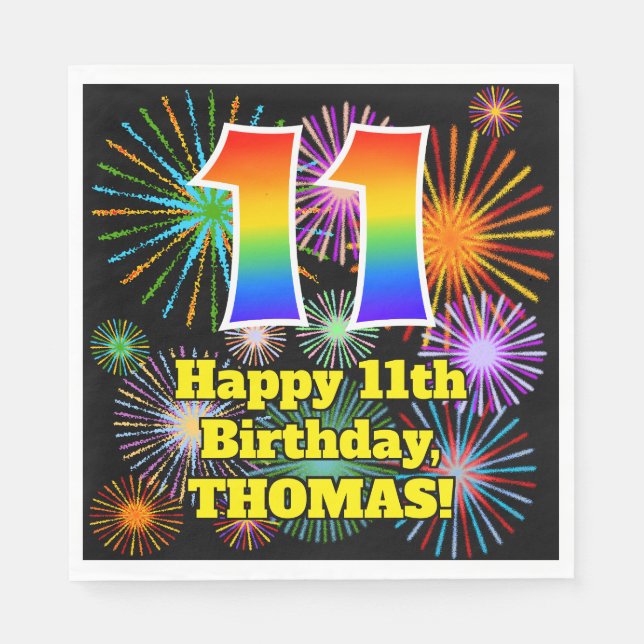 11th Birthday: Fun Fireworks Pattern + Rainbow 11 Napkin (Front)