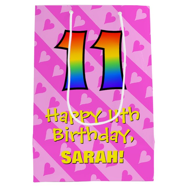 11th Birthday: Fun Pink Hearts Stripes; Rainbow 11 Medium Gift Bag (Back)