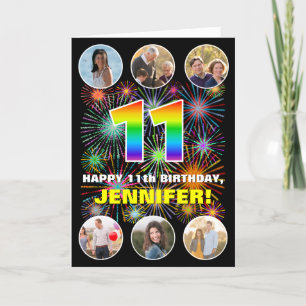 11th Birthday: Fun Rainbow #, Custom Name & Photos Card