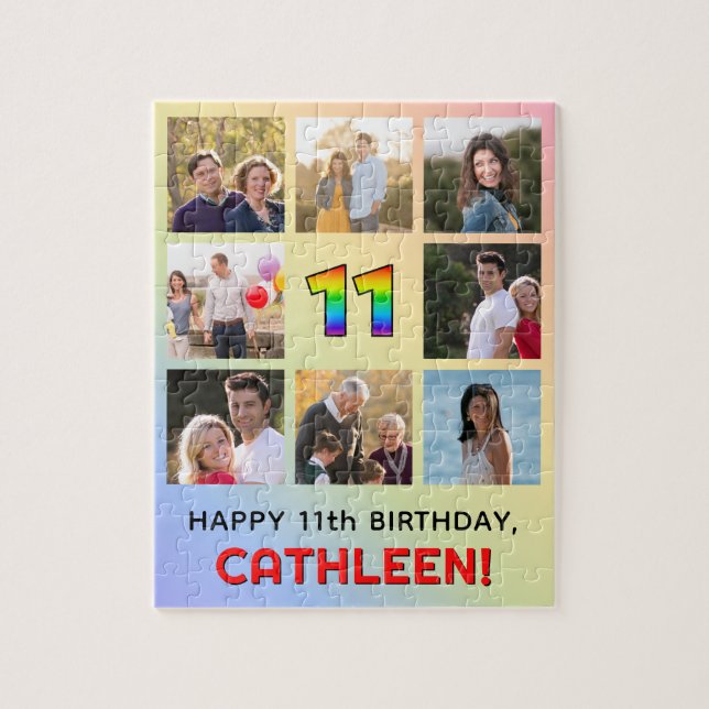 11th Birthday: Fun Rainbow #, Custom Name & Photos Jigsaw Puzzle (Vertical)
