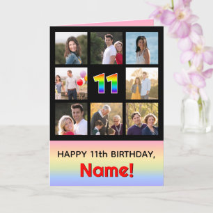 11th Birthday: Fun Rainbow #, Custom Photos + Name Card