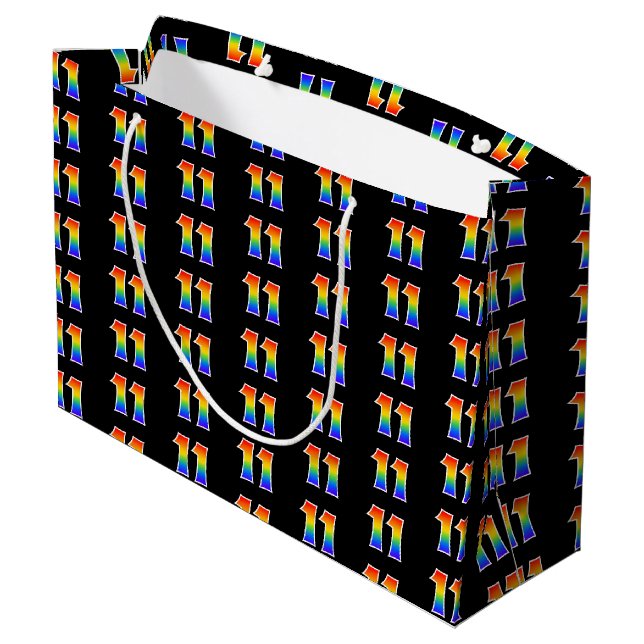 11th Birthday: Fun Rainbow Event Number 11 Pattern Large Gift Bag (Back Angled)