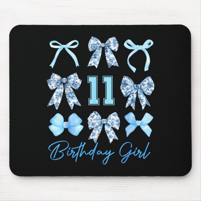 11th Birthday Girl Blue Toile Coquette Bow 11 Year Mouse Mat (Front)