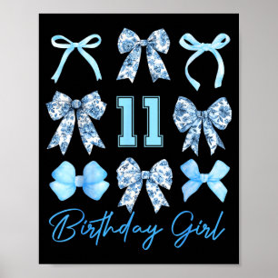 11th Birthday Girl Blue Toile Coquette Bow 11 Year Poster