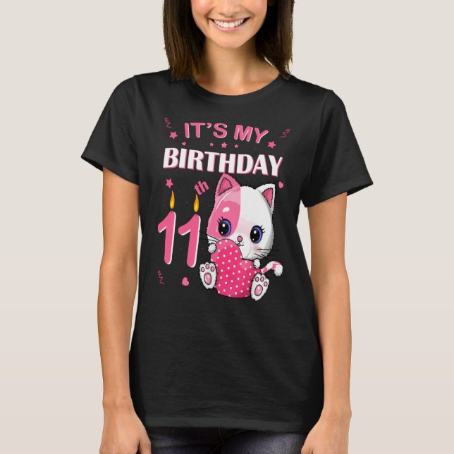 11th Birthday Girl Cute Cat Outfit 11th Years Old  T-Shirt (Front)