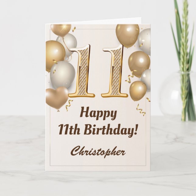 11th Birthday Gold Balloons and Confetti Birthday Card (Front)