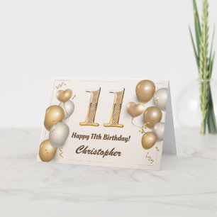 11th Birthday Gold Balloons and Confetti Birthday Card