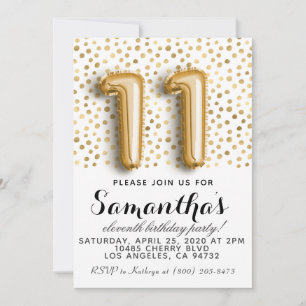 11th Birthday Gold Polkadot Invitation
