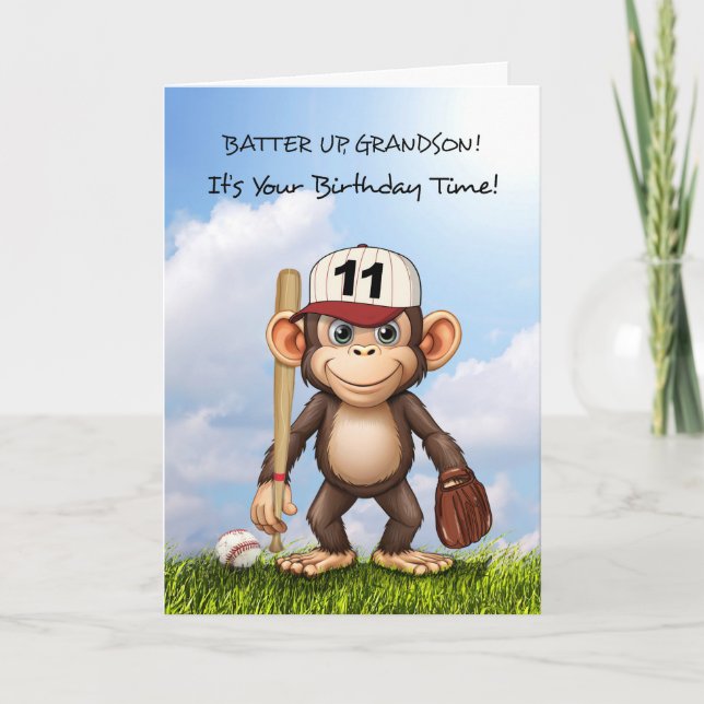 11th Birthday Grandson Baseball Monkey Bat Ball Card (Front)