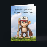 11th Birthday Grandson Baseball Monkey Bat Ball Card<br><div class="desc">Your grandson will love this fun baseball-themed card for his 11th birthday! Featuring an energetic monkey holding a bat and glove, this cheerful design is great for a young baseball fan. The lively colours and playful artwork make it a fantastic way to send birthday wishes to an adventurous and sports-loving...</div>