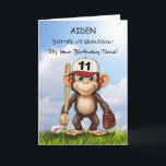 11th Birthday Grandson Personalise Baseball Monkey Card<br><div class="desc">Hit a home run with this personalised baseball birthday card for your grandson’s 11th birthday! A fun monkey, geared up with his bat and glove, stands against a bright blue sky, ready for action. Personalise the front with his name to make this a unique and memorable keepsake. A perfect choice...</div>