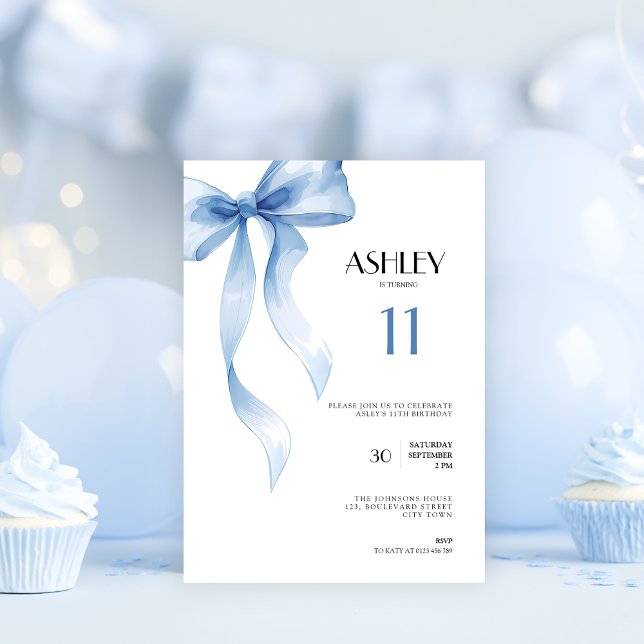 11th Birthday Invitation Blue Bow for Girls (Blue bow coquette 11th birthday invitation for girls)