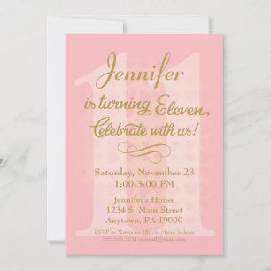 11th Birthday Invitation Girls Pink Gold Hearts