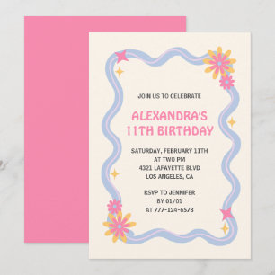 11th birthday invitation Retro Groovy Pink Flowers