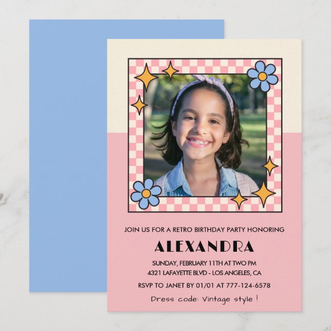 11th birthday invitation Retro Groovy Pink Flowers (Front/Back)