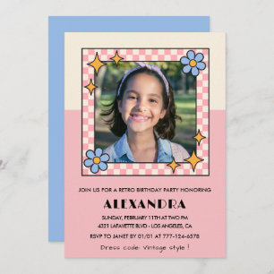 11th birthday invitation Retro Groovy Pink Flowers