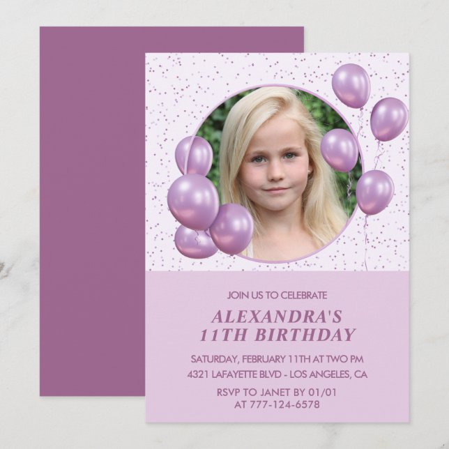 11th birthday invitations Balloons Photo Purple (Front/Back)