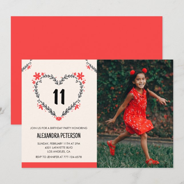 11th birthday invitations for her Floral Heart (Front/Back)