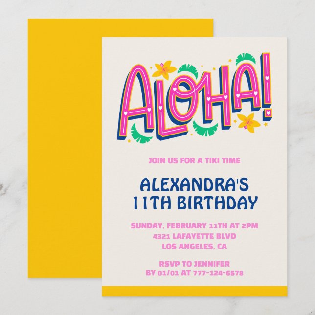 11th birthday invitations Tropical Aloha Hawaii (Front/Back)