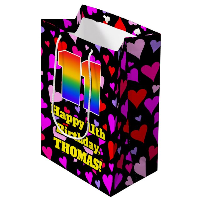 11th Birthday: Loving Hearts Pattern, Rainbow # 11 Medium Gift Bag (Front Angled)