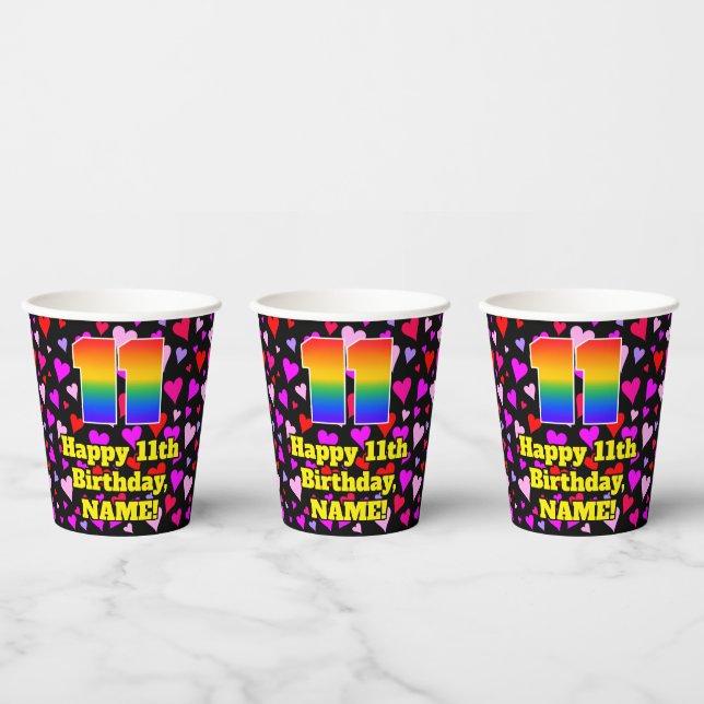 11th Birthday: Loving Hearts Pattern, Rainbow 11 Paper Cups (Multi)