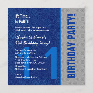 11th Birthday Modern Blue and Silver S307B Invitation