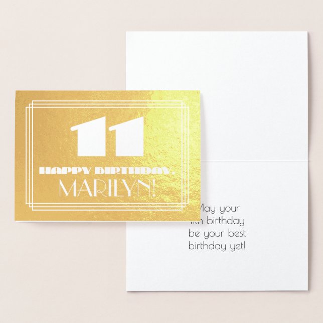 11th Birthday: Name + Art Deco Inspired Look "11" Foil Card (Display)