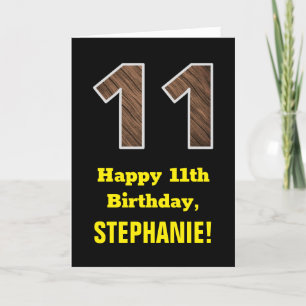 11th Birthday: Name, Faux Wood Grain Pattern "11" Card
