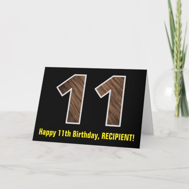 11th Birthday: Name + Faux Wood Grain Pattern "11" Card (Front)