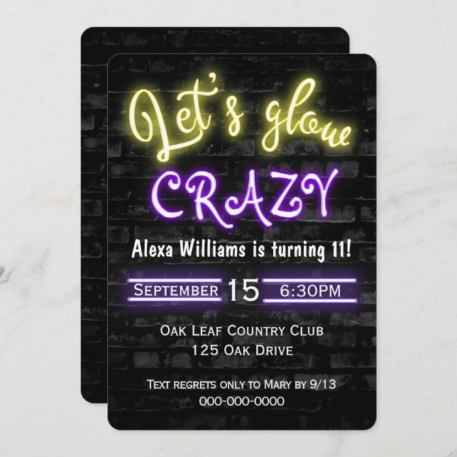 11th Birthday Neon Glow Sign on Brick Wall I Invitation (Front/Back)
