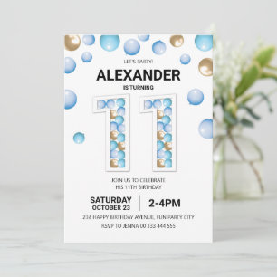 11th Birthday Party, Blue and Gold Balloon Boy Invitation