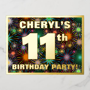 11th Birthday Party: Bold, Colourful Fireworks Loo Foil Invitation Postcard